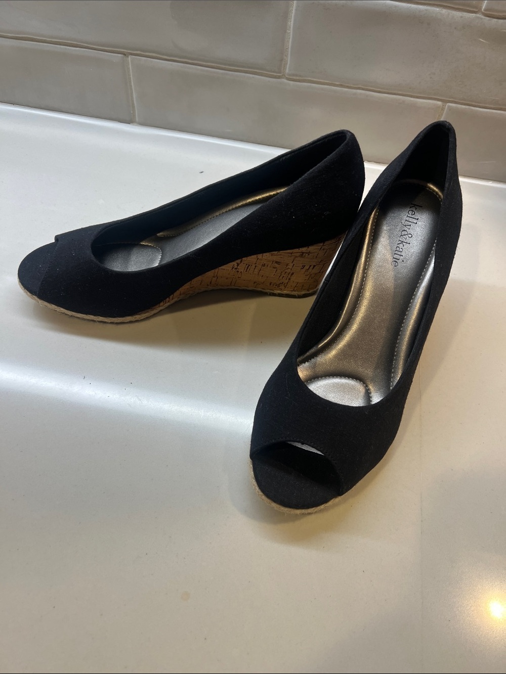 Black Peep-Toe Cork Wedge Heels - Picture 1 of 8